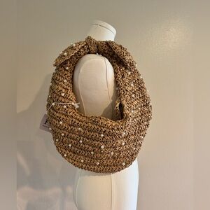 NWT Pearl-Studded Raffia Shoulder Bag